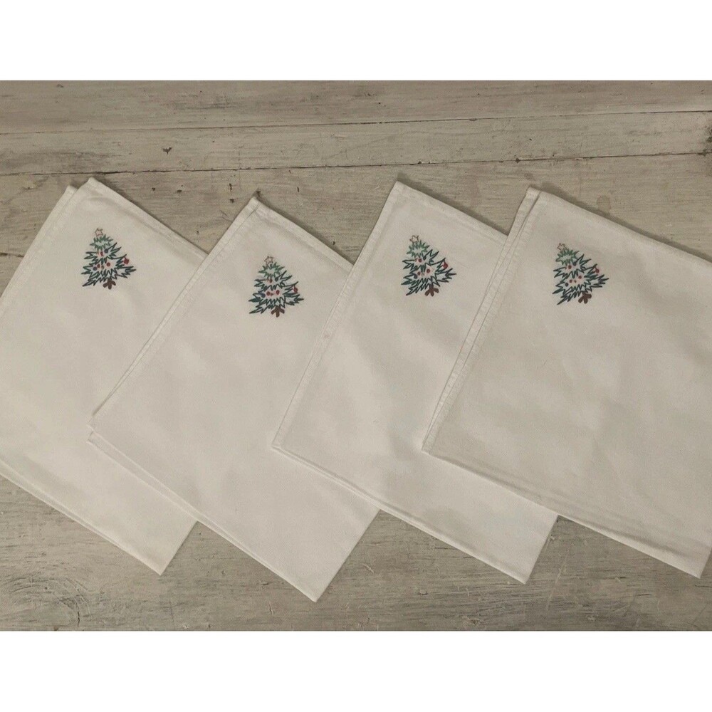 Vintage Christmas Napkins Embroidered Christmas Tree Set of 4 Cotton